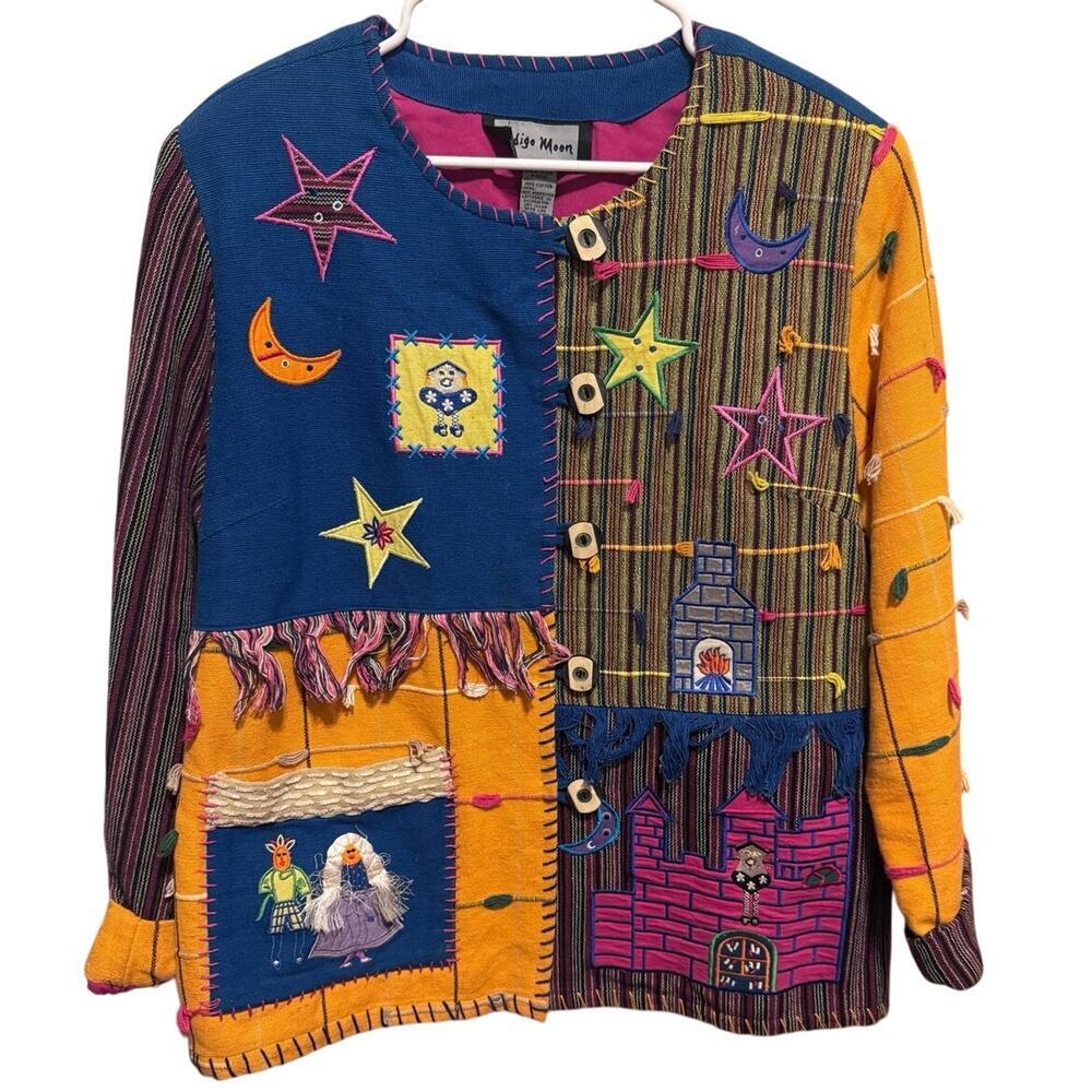 Indigo Moon Novelety Patchwork Cardigan Cinderella Story 90s Folk Jacket Boho M